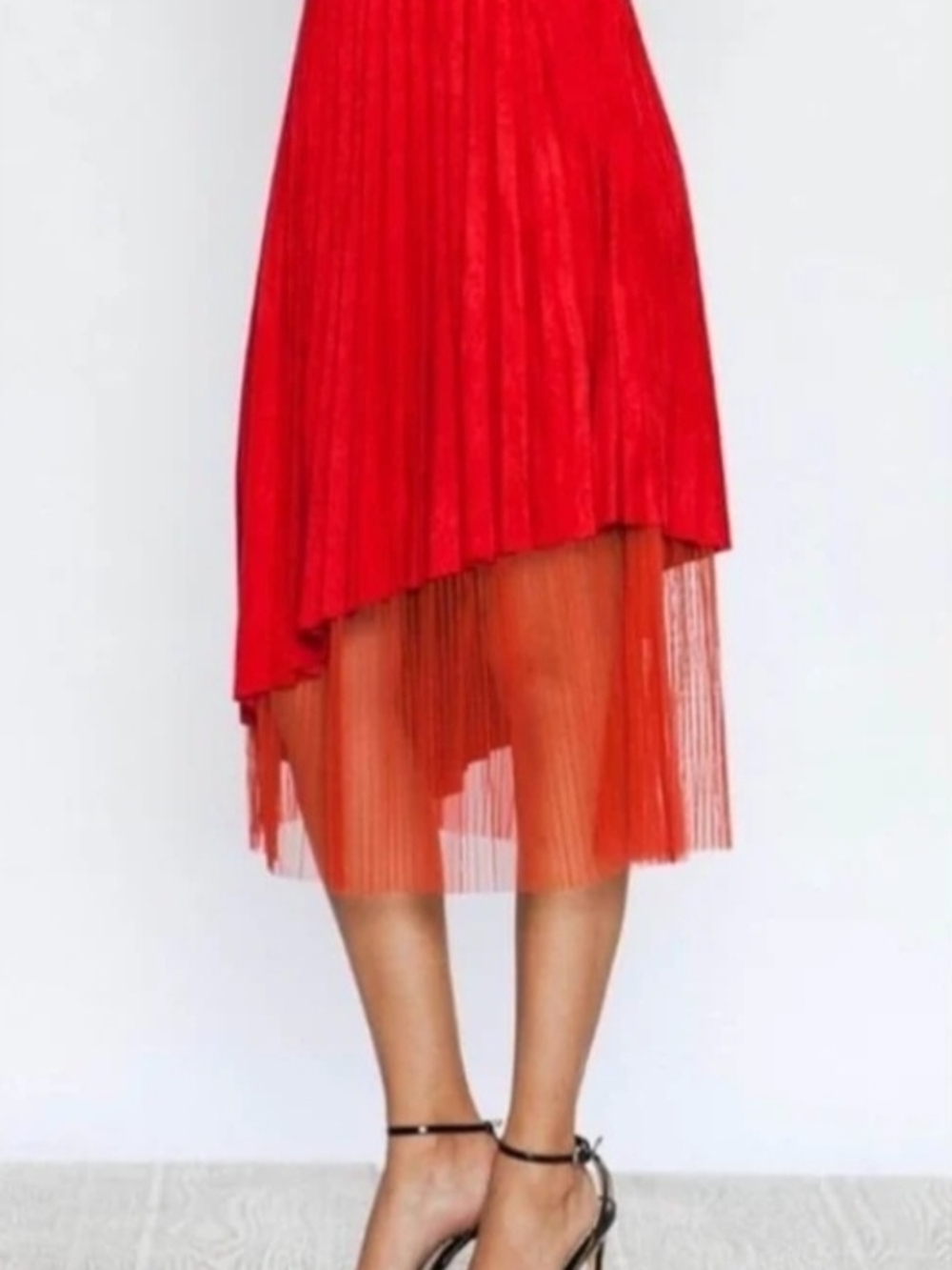 Jealous Tomato Red High-Low Pleated Skirt with Sheer Hem